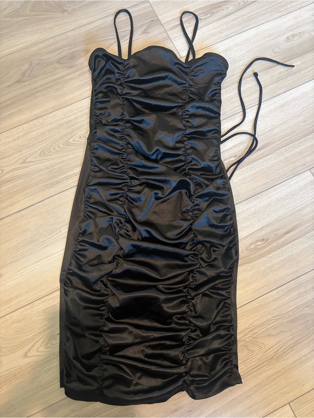Black Satin Ruched Mini Dress with Spaghetti Straps
